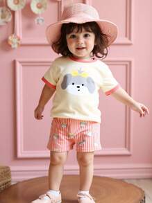 SHEIN Conjunto de 2 peças casual com estampa de cachorrinho fofo para bebê menina, camiseta de manga curta e shorts listrados, adequado para primavera/verão - Multicolorido - Ver 1