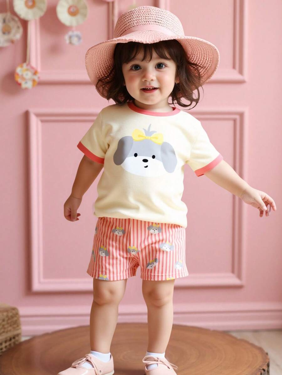 SHEIN Conjunto de 2 peças casual com estampa de cachorrinho fofo para bebê menina, camiseta de manga curta e shorts listrados, adequado para primavera/verão - Multicolorido - Ver 1