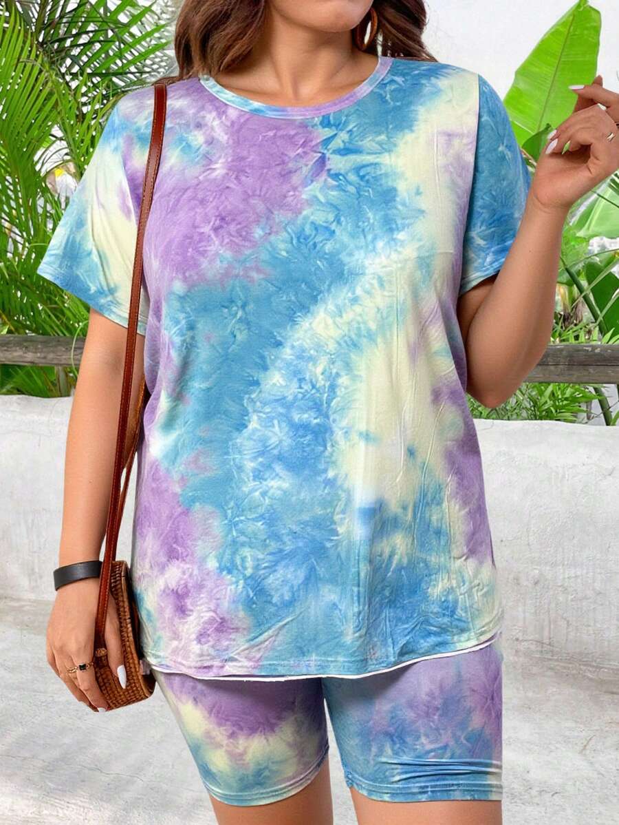 Calvaya 2pcs/Set Plus Size Short Sleeve Round Neck T-Shirt And Shorts Set, Fashionable For Summer - Purple - View 1