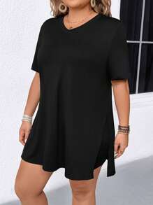 SHEIN LUNE 2pcs/Set Plus Size Women V-Neck Short Sleeve T-Shirt & Shorts, Casual - Black - View 4