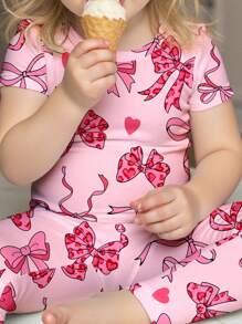 SHEIN Baby Girl Bow Design Casual Minimalist Fitted Round Neck Comfortable Short Sleeve Long Pants Loungewear Set, Tight Fit, Suitable For Spring Summer - Multicolor - View 3