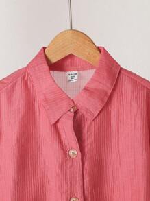 SHEIN 2pcs/Set Girls Energetic Vacation Pink Long Sleeve Thin Blouse & Matching Shorts Set, Suitable For Summer Beach Wear - Hot Pink - View 3