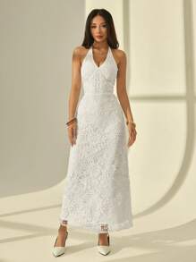 SHEIN PETITE Váy dài hở lưng hở lưng gợi cảm, ren tan trong nước thanh lịch cho dạ hội, tiệc cocktail, đám cưới, váy mùa hè, quần áo mùa xuân - trắng - Xem 5
