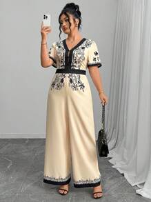 Elenzga Plus Size Women Botanical Print Jumpsuit, Casual Holiday Outfit - Multicolor - View 4