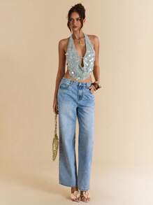 SHEIN BAE 夏季露背肩带亮片装饰女式上衣，适合海滩度假 - 綠色 - 查看 4