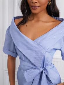 SHEIN Unity Blusa de mujer de manga corta, hombros caídos, con lazo cruzado y rayas - Azul - Ver 6