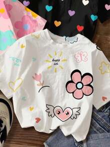 SHEIN Leap Crew 4 件套青少年女孩休闲卡通花朵和心形印花短袖圆领 T 恤，适合夏季 - 彩色 - 查看 4