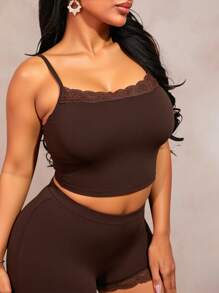 SHEIN SXY Plus Size Women 2Pcs Set Solid Color Casual Versatile Lace Patchwork Spaghetti Strap Tank Top & Shorts Sets, Suitable For Everyday Wear - Brown - View 1