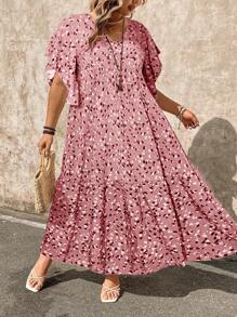EMERY ROSE Đầm maxi cổ chữ V xếp nếp họa tiết hoa thanh lịch cỡ lớn cho nữ - Hồng - Xem 4