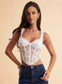 SHEIN BAE Áo hai dây hở vai bằng vải ren lạ mắt và đường viền bất đối xứng - trắng - Xem 7