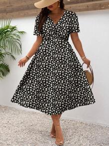 SHEIN Frenchy Plus Size Summer Casual Daisy Floral Print Dress, Versatile Vacation Dress Suitable For Music Festivals And Holiday,Sun Dresses For Women Fall Clothes