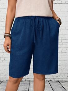 EMERY ROSE Pantalones cortos informales de mujer con tallas grandes, de un solo color, con bolsillos y cinturón - Neblina azul - Ver 3
