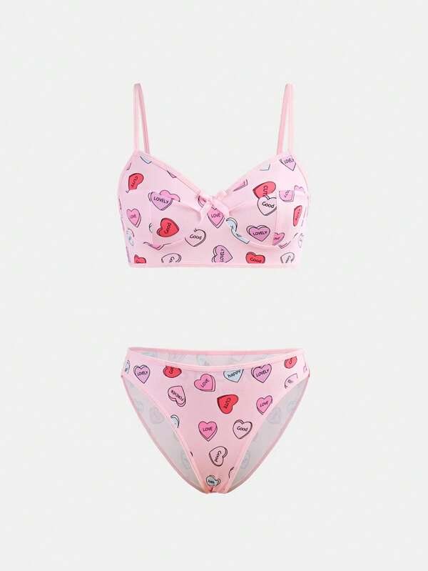 Set 2 bucăți Roz Cute Heart Model Teen Girls Set Sutien și Chiloți