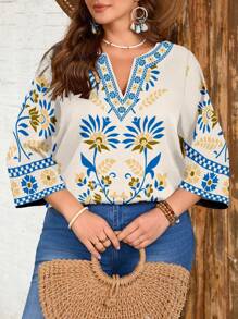 EMERY ROSE Plus Size Vintage Floral Print Comfortable Casual V-Neck Top - Multicolor - View 3