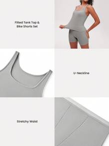 LUVLETTE 夏季运动风超柔软弹力罗纹基础休闲运动背心短裤家居服透气睡衣套装运动休闲舒适套装运动内衣外穿健身套装女士也适合青少年女孩、年轻女孩和儿童平角裤套装配套 - 淺灰色 - 查看 5