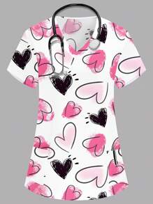PopScrub Women's V-Neck Short Sleeve Dual Pocket Beautiful Heart Sketch Print Nurse/Doctor Uniform Top Scrub Top / Examination & Surgery Uniform / Pet Grooming Uniform Top Scrub Top / Nutritionist Work Uniform Short Sleeve Functional Lab Work Uniform Top, Summer - White - View 1