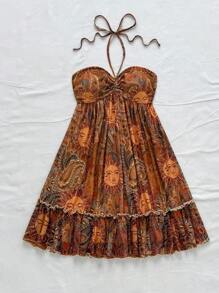 Soleia WYWH Women Summer Indie Music Festival Paisley & Floral Print Halter Neck A-Line Casual Dress, Comfortable Two Pieces Set For Afternoon Tea - Khaki - View 5