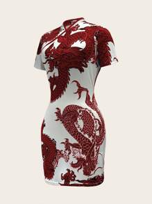 Celisse Random Cut Women Chinese Dragon Print Short Sleeve Bodycon Dress - Multicolor - View 3