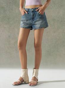 LYSMO Pantalones cortos vaqueros lavados informales de mujer con bolsillos oblicuos, para verano