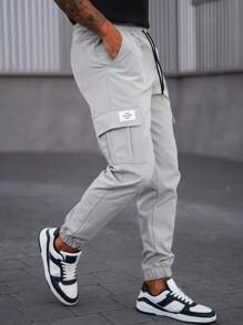 Manfinity LEGND Men's Casual Drawstring Waist Long Pants, Multi-Pocket Cargo Trousers, Versatile - Light Grey - View 1