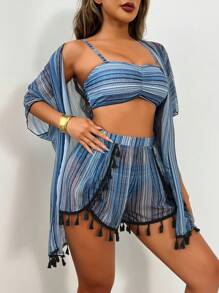 SHEIN Swim 4pcs Geometric Print Ruched Front Swimsuit Top, Geometric Pattern Bikini Bottom, Multi-Color Tasseled Cardigan And Tasseled Shorts Swimsuit Set For Carnival, Summer - Grey - View 5