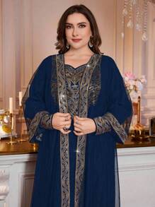 Al Najma 2 Pieces Plus Size Middle East Arab Women's Dubai Luxury High-End Elegant Lightweight Dress Set, Modest Kaftan