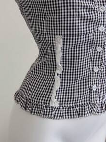 Elamini Black & White Checkered Short Sleeve Shirt With Ruffle Trim, Button Up Fitted Top