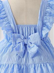 SHEIN Elladie kids 女嬰淺藍色夏季可愛生日純色細肩帶荷葉邊A字版型洋裝，適合外出、日常與海邊玩樂 - 藍色 - 查看 3