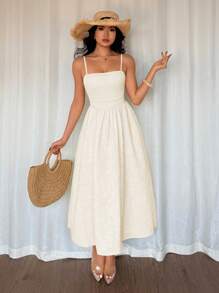 Breezaya Elegancka francuska sukienka midi z falbaną na dole i kwiatowym żakardem, elastyczna, nowa letnia damska w jednolitym kolorze - Morela - Zobacz 5