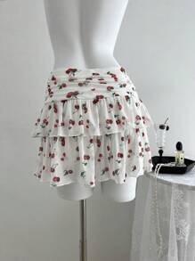 Elamini Women's Cherry Print A-Line Skirt, Fashionable For Summer - White - View 2