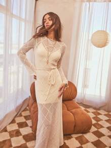 Aralina 钩针编织喇叭袖锁孔腰带波西米亚风海滩长裙 - 杏色 - 查看 2