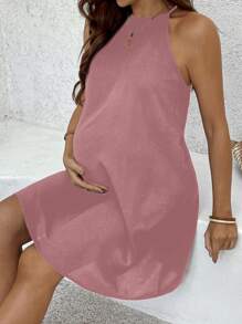 SHEIN Gaun Hamil Tanpa Lengan Model Longgar Warna Polos - Dusty Pink - View 3