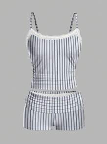 2pcs/Set Women Striped Print Lace Trim Cami And Shorts Set - Multicolor - View 1