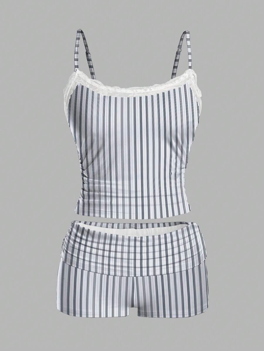 2pcs/Set Women Striped Print Lace Trim Cami And Shorts Set - Multicolor - View 1