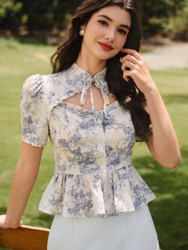Vintamour Vintage Elegant Women Ditsy Floral Short Sleeve Blouse, Bowknot Hollow Casual Blouse Spring/Summer Mother's Day Vacation Going Out Top