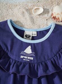 Shark Week X SHEIN Baby Girl Shark Print Purple Ruffle Trim Cute Bodysuit - Navy Blue - View 2