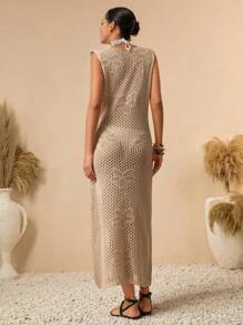 Bóhologie Vestido de punto tipo cover up para el verano con escote en V profundo, calado, ganchillo, bordado tono sobre tono y ajuste ceñido, con estilo bohemio de vacaciones