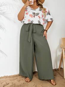 SHEIN CURVE+ 2 Pieces/Set Women's Plus Size Printed Top And Green Pants Set, Fashionable New Set For Spring And Summer Outings, Casual Vacation Two Pieces Set, Curve Plus, Boho Vacation, Vacation Outfits Womanbeach Outfits For Woman/Beach Dress/Beach Vacation Outfits/Beach Essentials / Graduation/Tea Party Dress - Multicolor - View 6