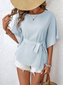 SHEIN LUNE Camisa de mujer de manga corta y unicolor, de moda para el verano