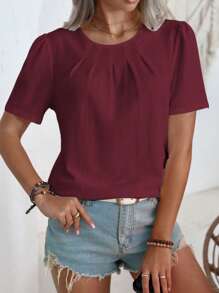 EMERY ROSE Women's Simple Solid Color Puff Sleeve Casual Shirt, Summer - Burgundy - View 5