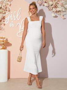 Loomaby 孕妇纯色鱼尾下摆修身优雅吊带连衣裙 - 白色 - 查看 4