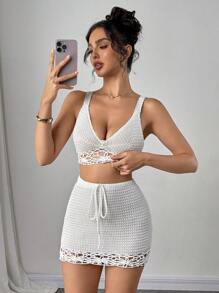 Firerie Nuovi completi di top e gonna in maglia traforata a tinta unita, con fiori lavorati a mano, per donna, abbigliamento estivo boho, adatto per vacanze al mare, festival, abbigliamento da spiaggia