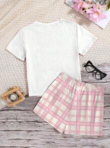 SHEIN Leap Crew Tween 女童休闲简约蝴蝶结图案圆领短袖短裤睡衣套装，适合夏季 - 彩色 - 查看 2