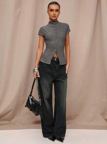 SHEIN BAE 简约休闲针织提花短袖T恤，适合外出、办公室穿着 - 灰色 - 查看 4