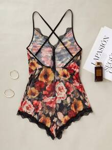 SHEIN 花卉印花撞色蕾丝细肩带网眼连体衣女式睡衣 - 黑色 - 查看 2