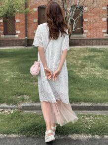 FRIFUL Women's Round Neck Lace Mesh Colorblock Midi Dress - White - View 4
