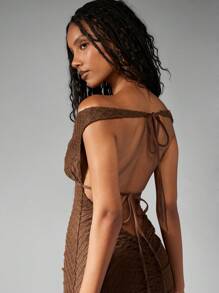 MISSGUIDED Off Shoulder Ruched Mini Dress Plunging Neckline Beaded Accent Summer Fall Party Club Evening Statement Bodycon Holiday Night Out - Coffee Brown - View 2