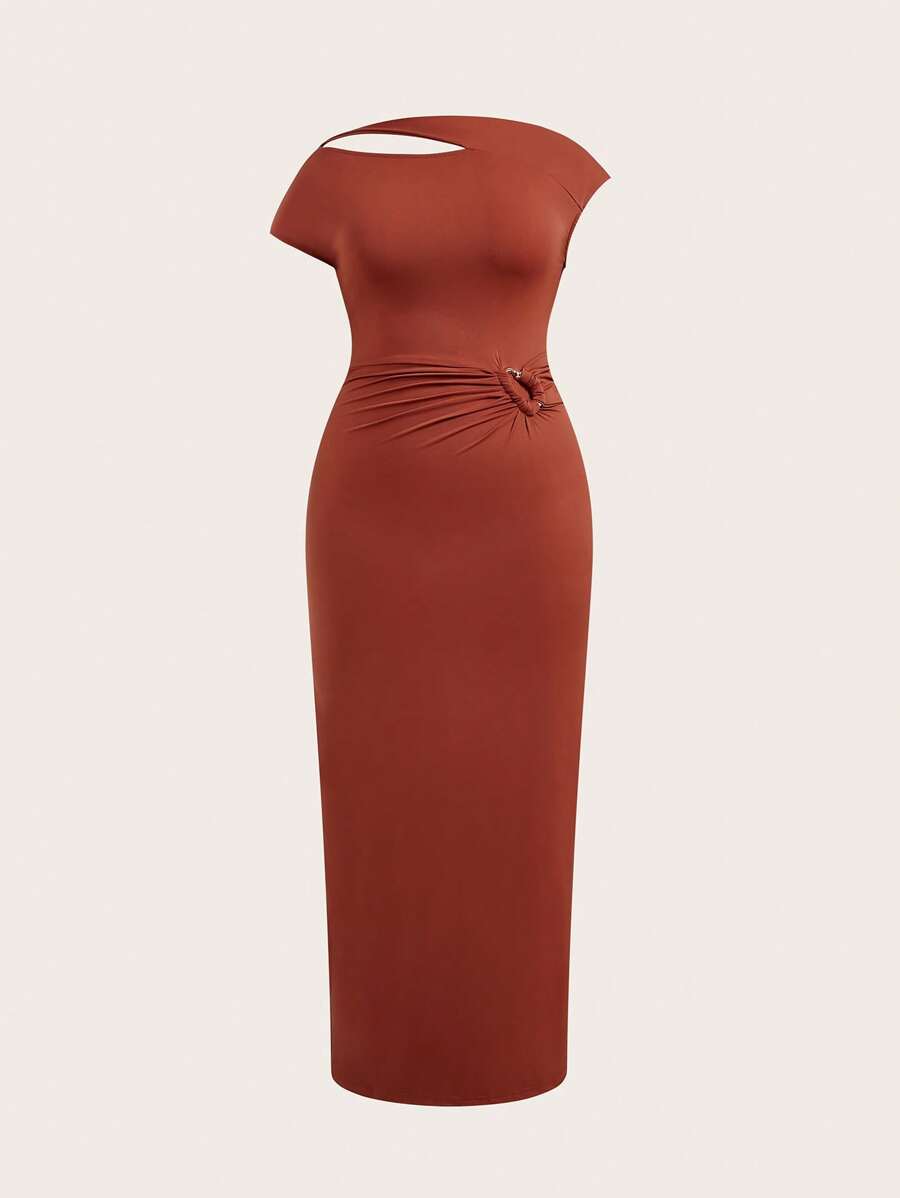 SHEIN Unity Plus Size Women Solid Color Cutout Design Ruched Fitted Elegant Dress - Brown - View 1