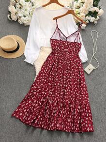 Flirla Đầm không tay họa tiết hoa nhỏ nhắn cỡ lớn dành cho nữ kèm áo khoác, bộ 2 món - Nhiều màu - Xem 2