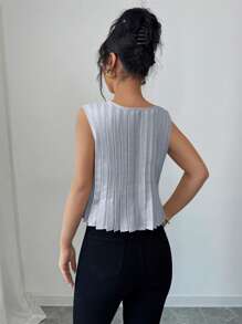 Elenzga Bowknot Decor Round Neck Pleated Sleeveless Elegant Blouse - Multicolor - View 2